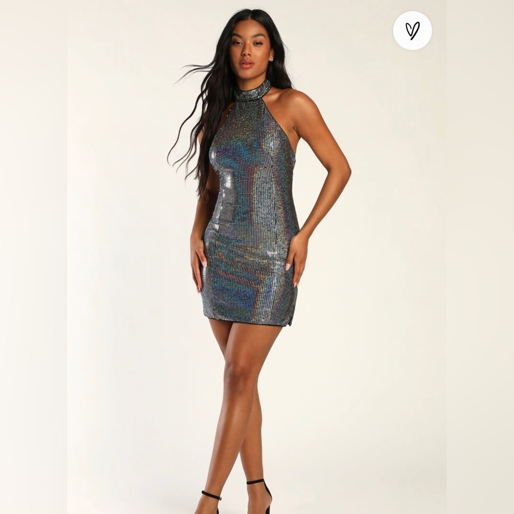 Lulus Striking Glow Iridescent Silver Sequin Halter Bodycon Dress
